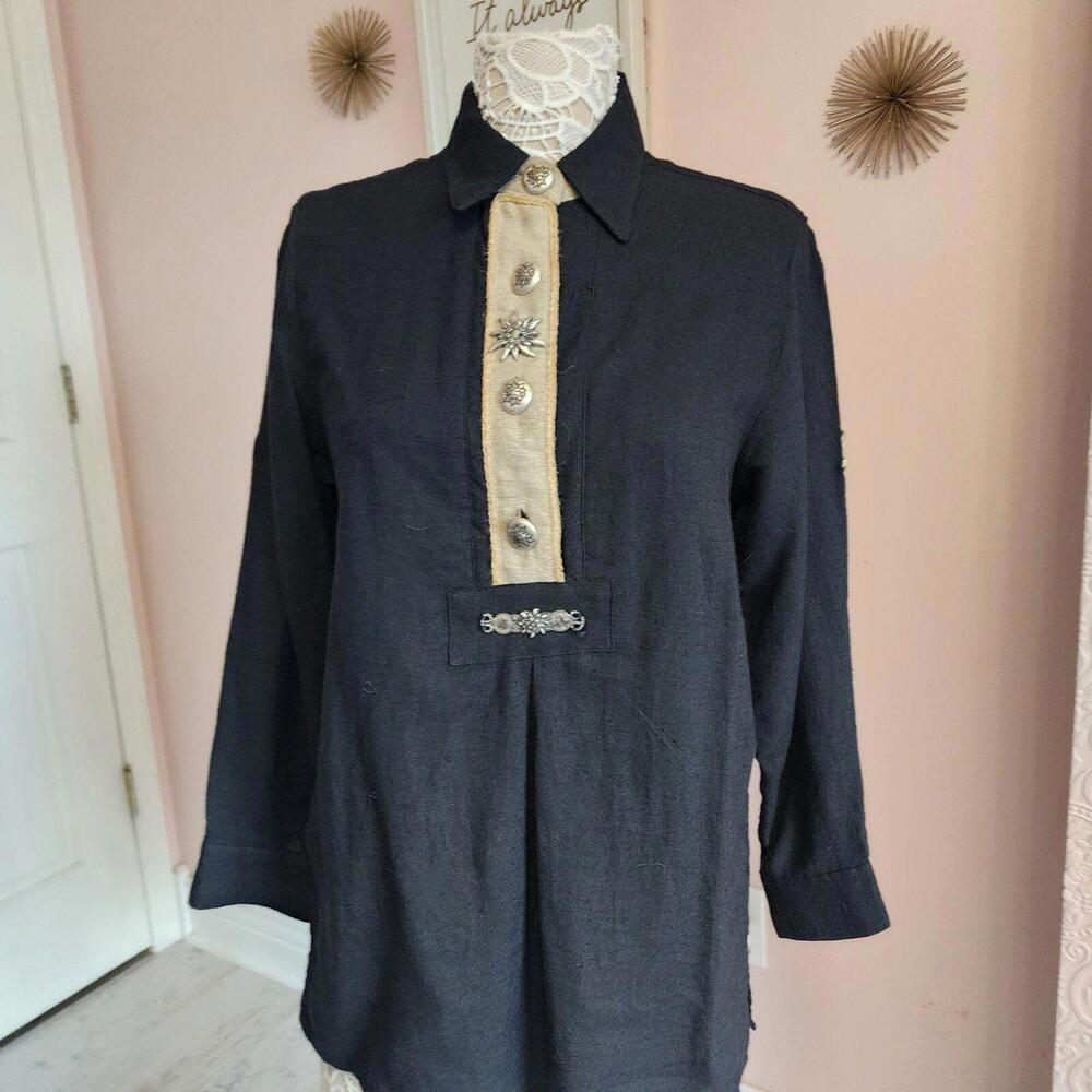 LKNW Walk Winkler Unique top Black tan cotton flax mix blouse SMALL